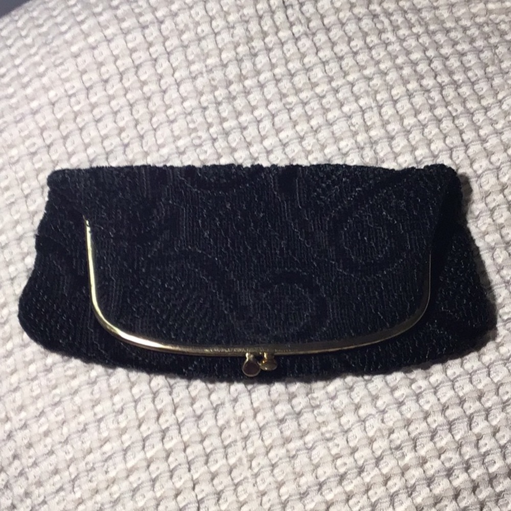 Vintage Black Carpetbag Style Foldover Clutch JT